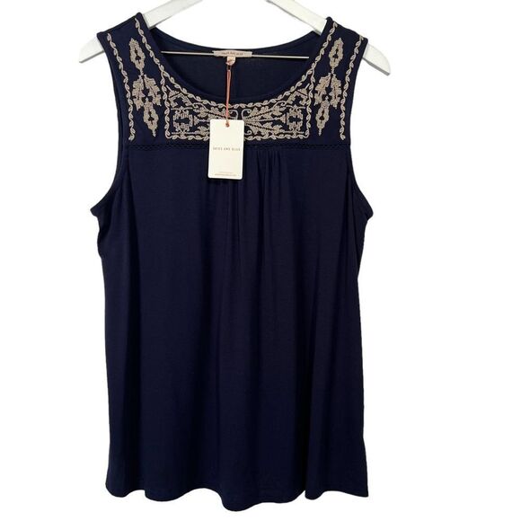 Stitch Fix Skies are Blue Traleven Embroidered Yoke Knit Top Womens Large Navy - Picture 2 of 7